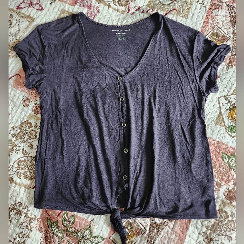 American Eagle Shirt Womens V-Neck Button Front Knot Tie Loose Boho Gray Size L